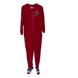 Nick and Nora Sock Monkey Footed Pajamas Adult S Red Sleepwear One Piece Fleece